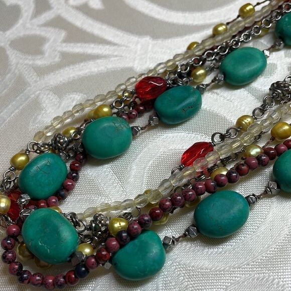 Multi-strand faux turquoise, red, yellow pearl, and neutral tone necklace - Picture 3 of 10